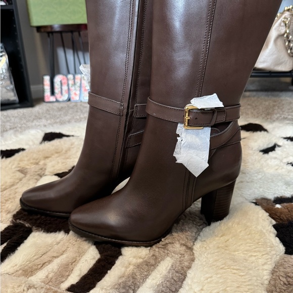 Ralph Lauren Elegant Brown Knee-High Manchester Buckled Dress Boots - Picture 3 of 8
